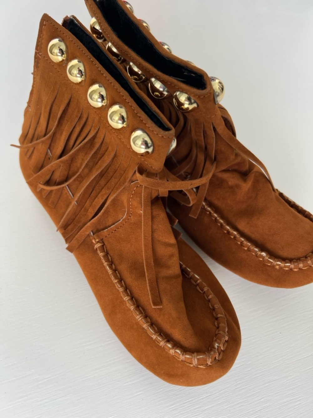Fringe Suede Moccasin Booties with Gold Studs - Cognac
